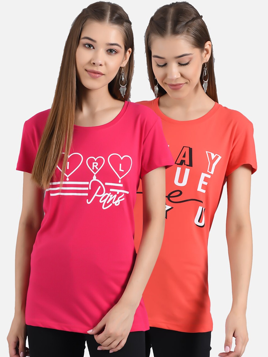 

Kotty Women Pink & Orange Set of 2 Printed Round Neck T-shirts