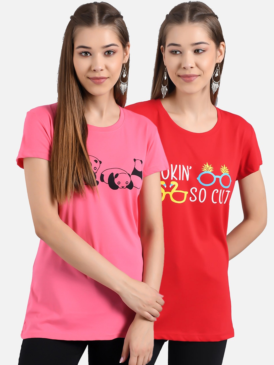 

Kotty Women Pack Of 2 Red & Pink Printed Round Neck T-shirts