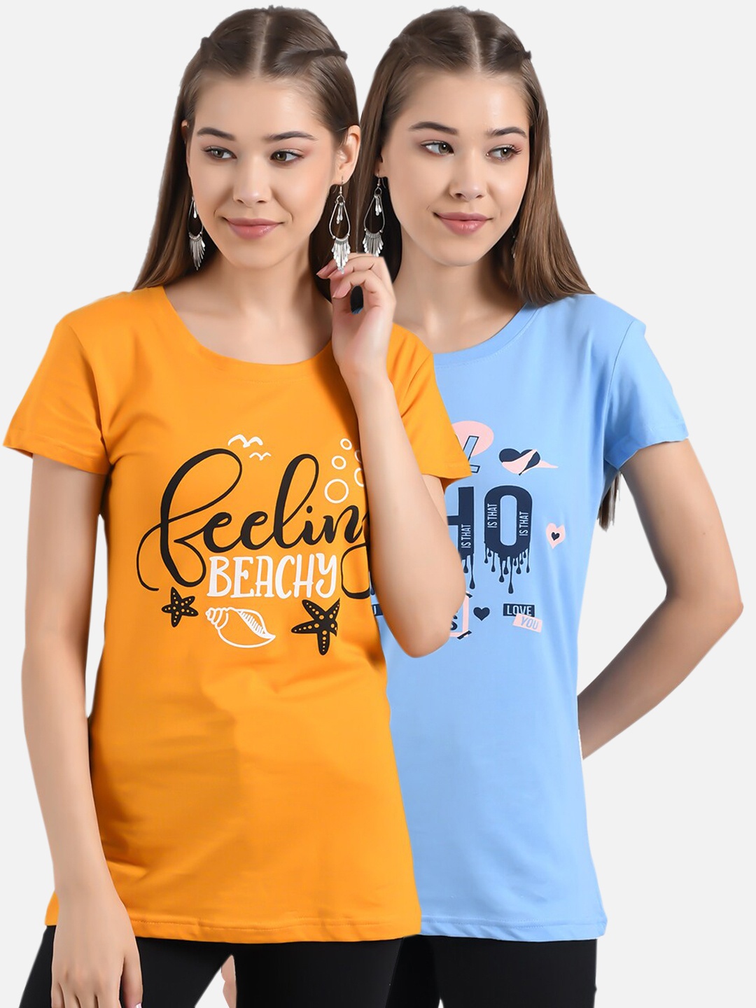 

Kotty Women Pack Of 2 Printed Round Neck T-shirts, Blue