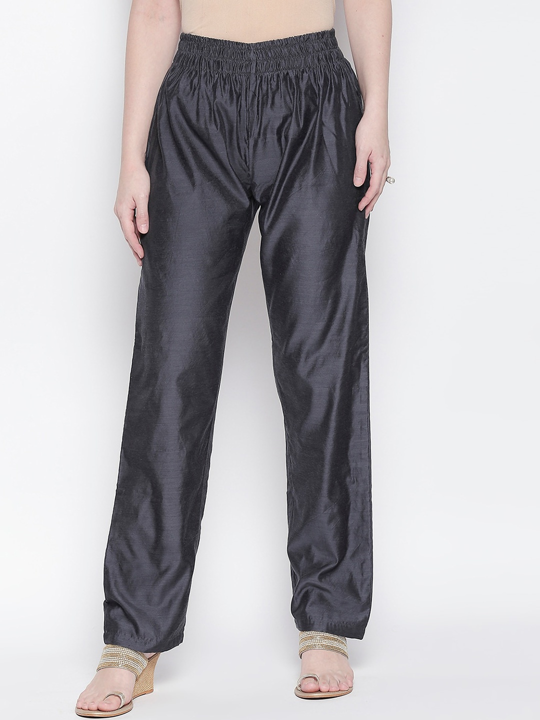 

Desi Weavess Women Steel Grey Solid Regular Trousers