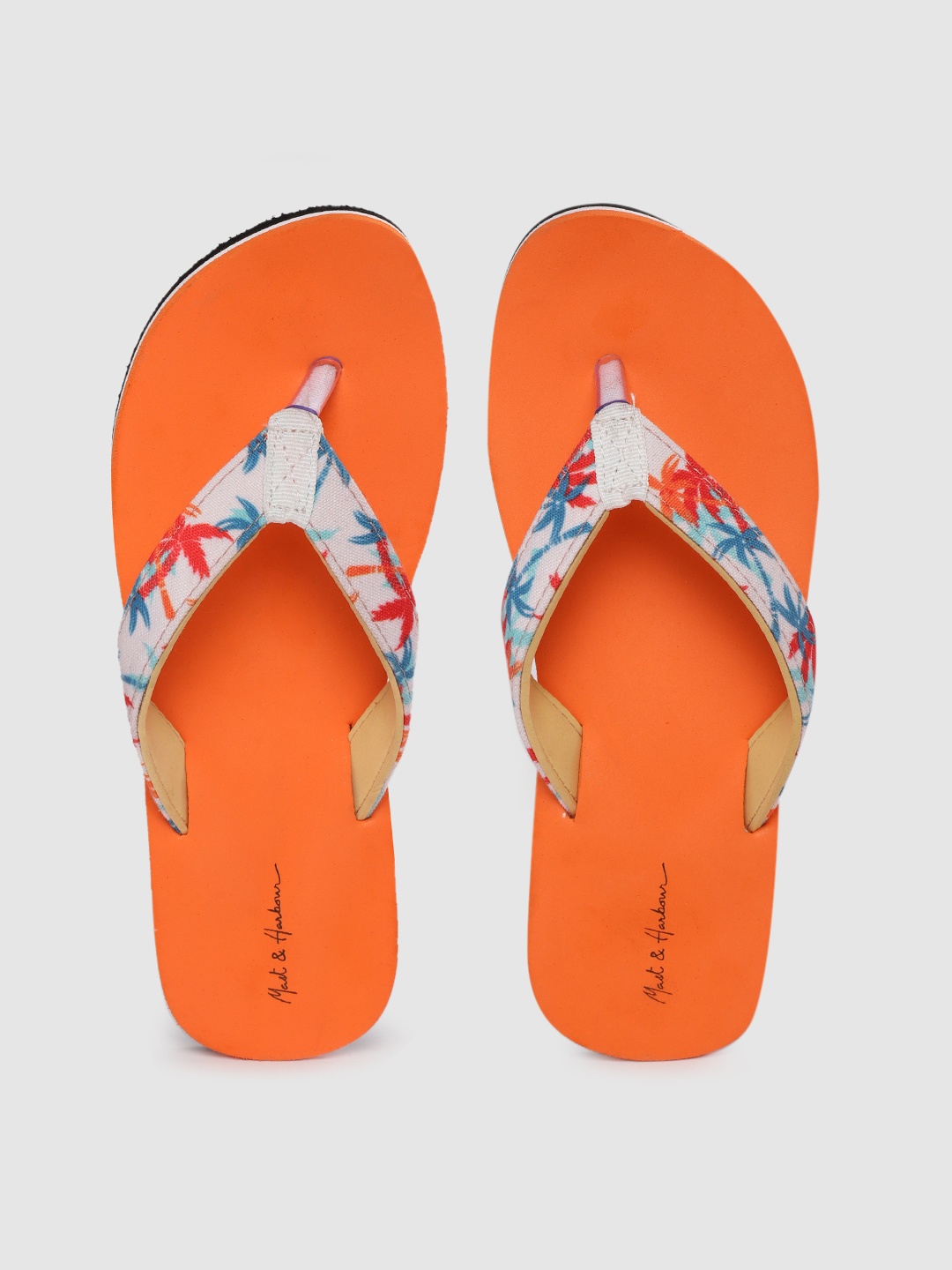 

Mast & Harbour Women Off-White & Orange Tropical Print Thong Flip-Flops