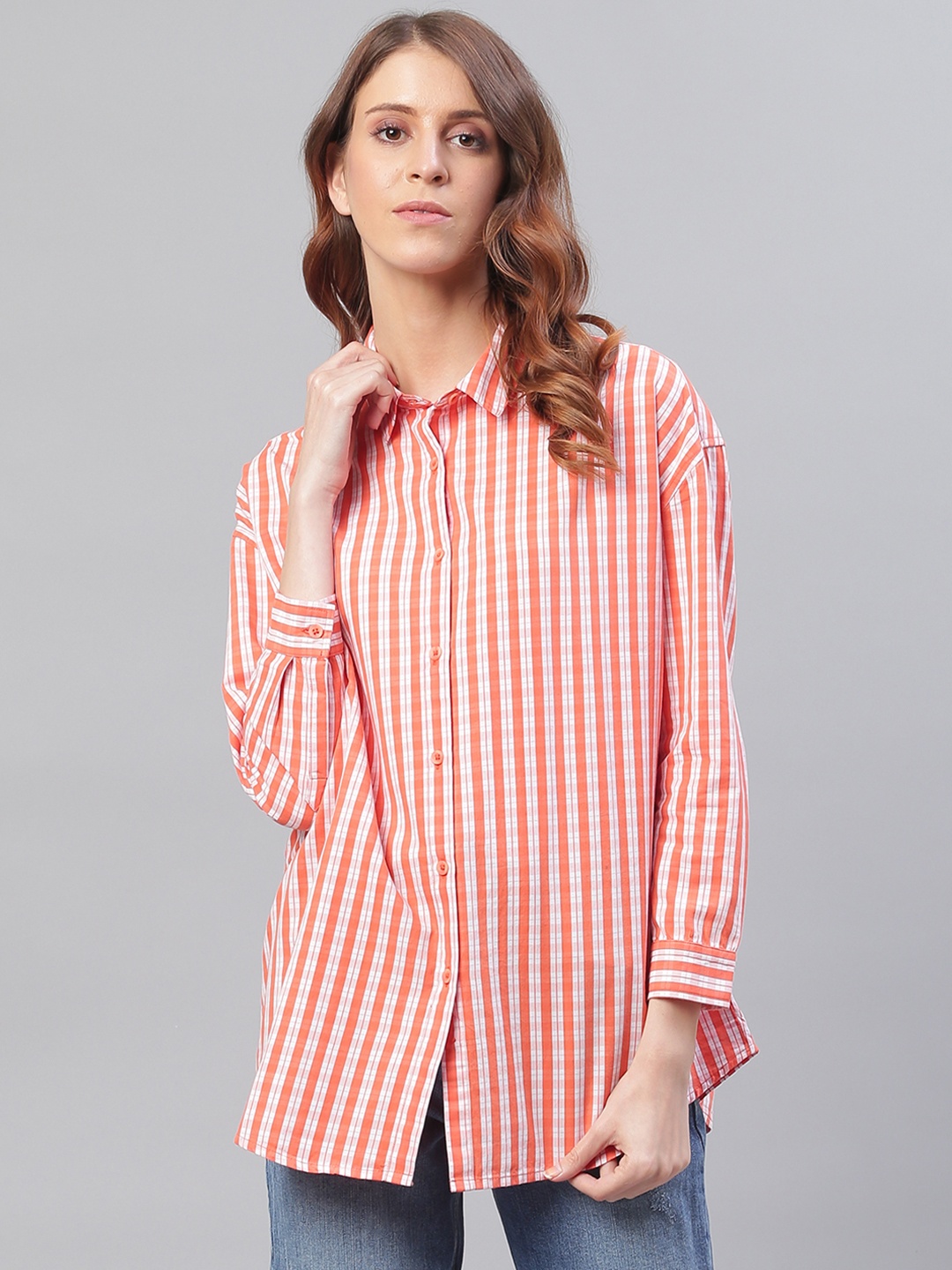 

Bhaane Women Orange & White Regular Fit Checked Casual Shirt