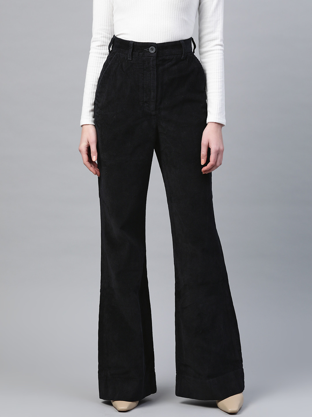 

Bhaane Women Black Loose Fit Solid Pure Cotton Corduroy Bootcut Trousers