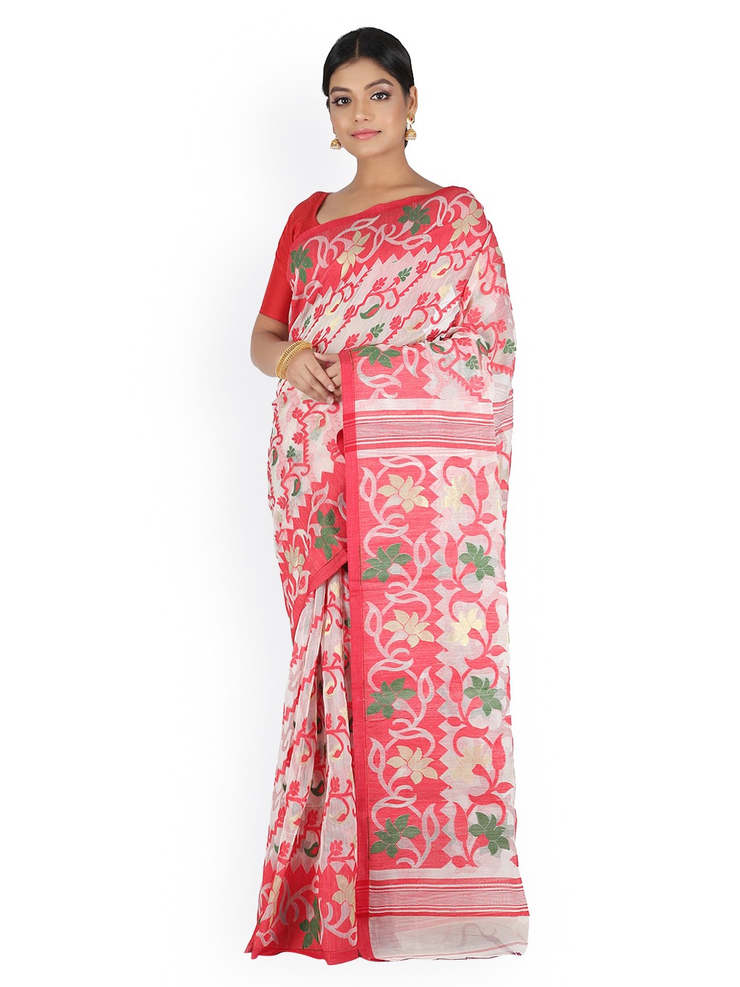 

PinkLoom Off-White & Red Pure Cotton Woven Design Jamdani Sustainable Saree