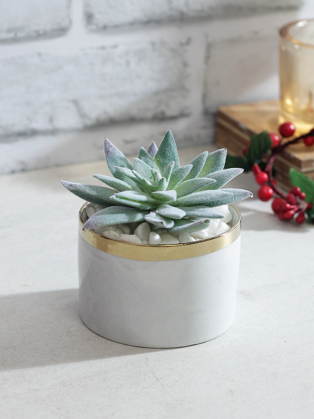 

TAYHAA Green Artificial Succulent Plant With White Pot