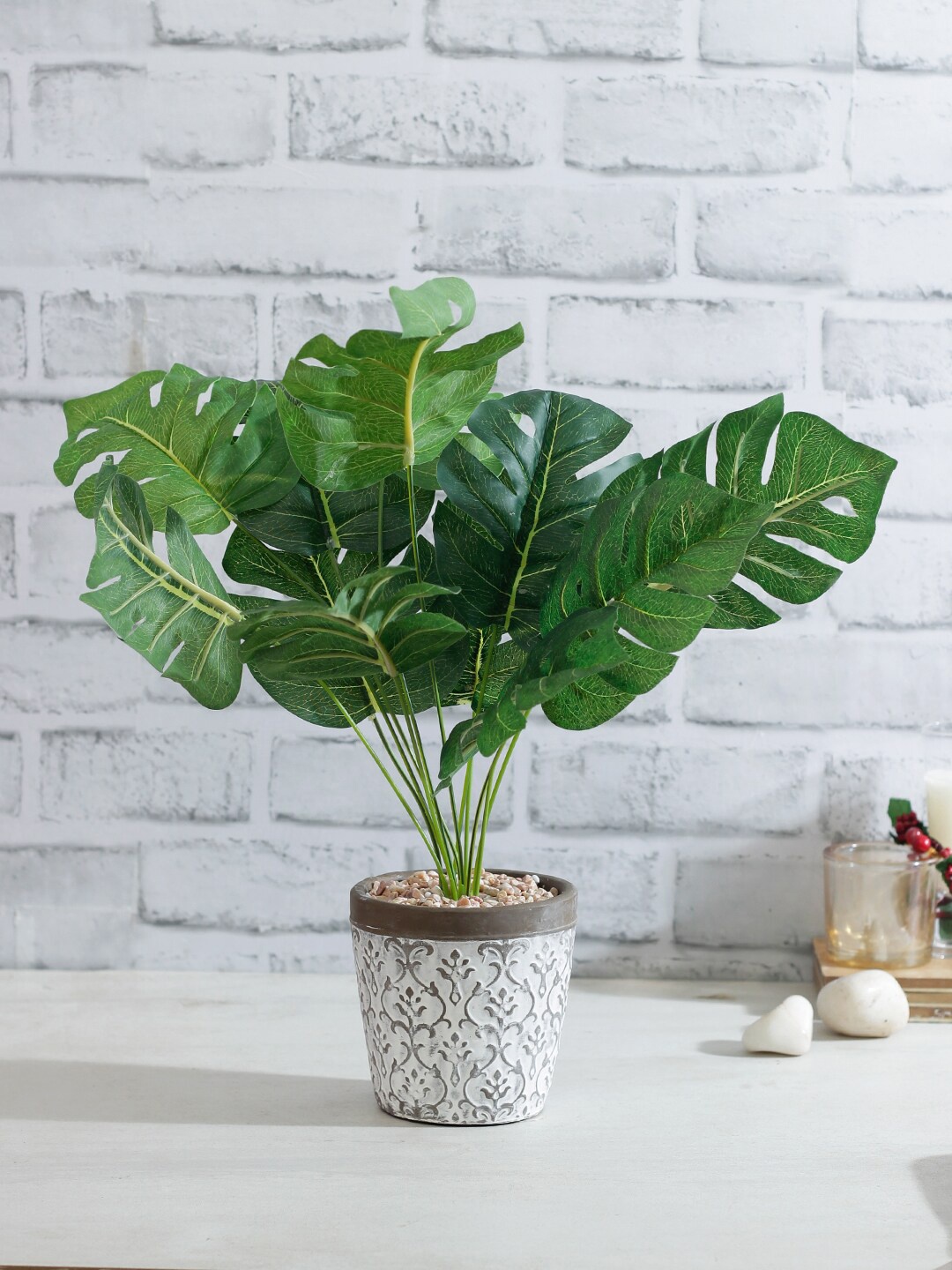 

TAYHAA Green Artificial Philo Cut Leaf Plant With White Pot