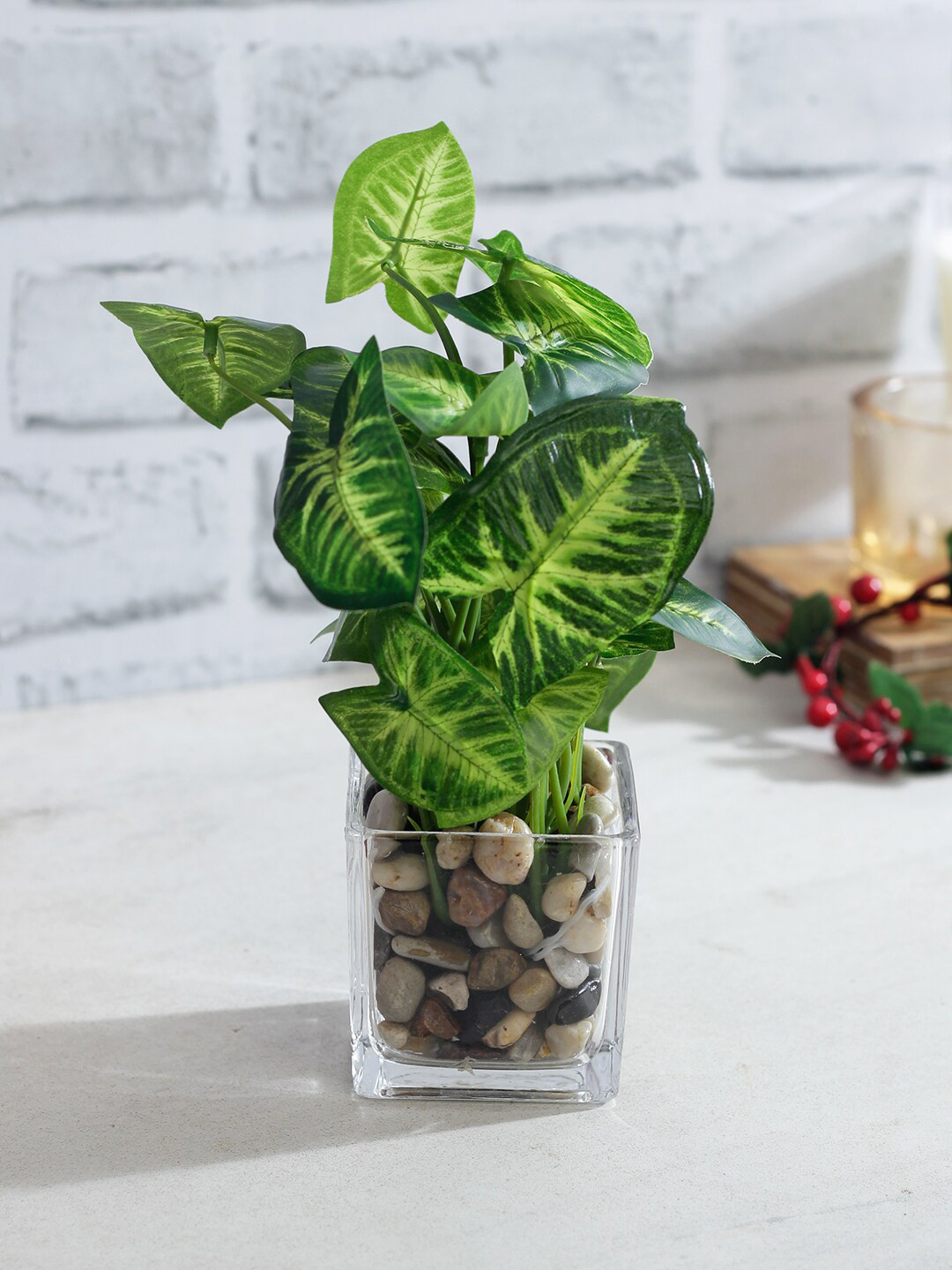 

TAYHAA Green & Transparent Artificial Ornamental Plant With Glass Pot