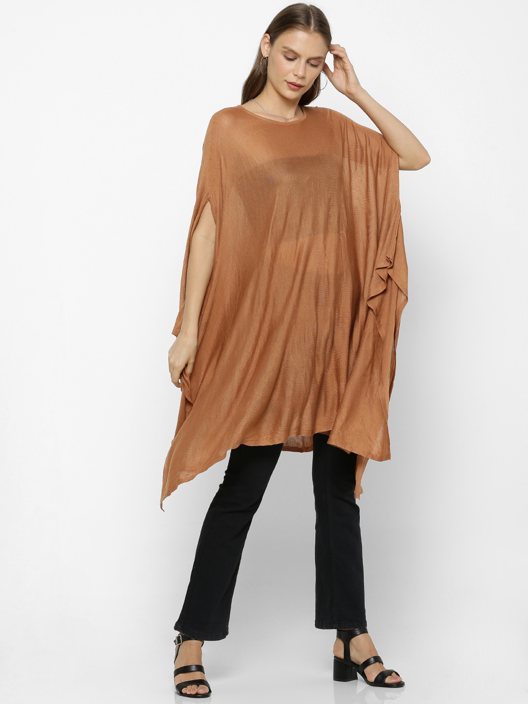 

FOREVER 21 Women Bronze-Toned Solid Poncho Sweater