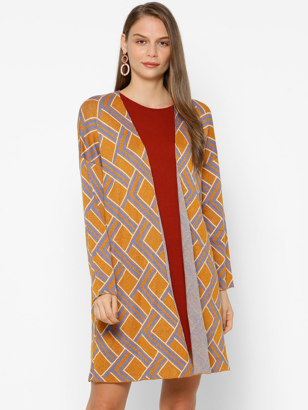 

FOREVER 21 Women Mustard Yellow & Blue Printed Front-Open Sweater