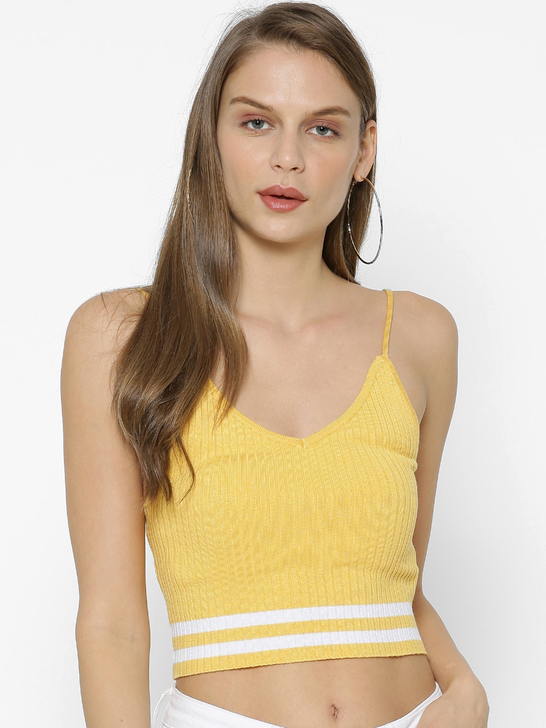 

FOREVER 21 Women Yellow Solid Crop Sweater Vest