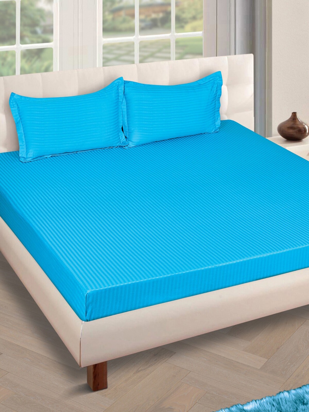 

ROMEE Blue Striped 250 TC Cotton 1 King Bedsheet with 2 Pillow Covers