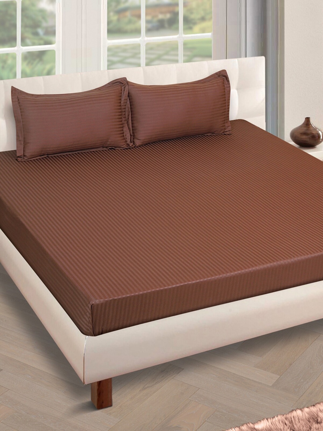 

ROMEE Brown Striped 250 TC Cotton 1 King Bedsheet with 2 Pillow Covers
