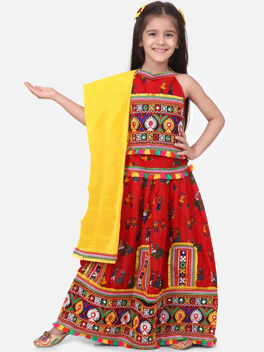 

BownBee Girls Red & Yellow Embroidered Ready to Wear Chaniya Choli