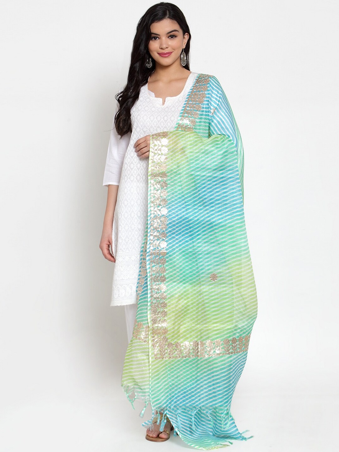 

SOUNDARYA Blue & Green Striped Cotton Dupatta