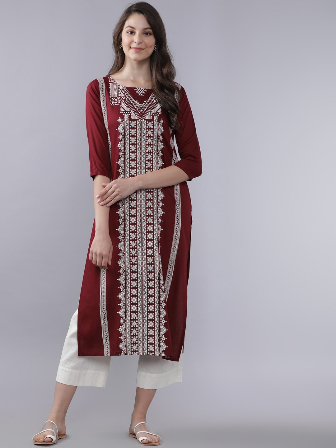 

Vishudh Women Maroon & White Printed A-Line Kurta