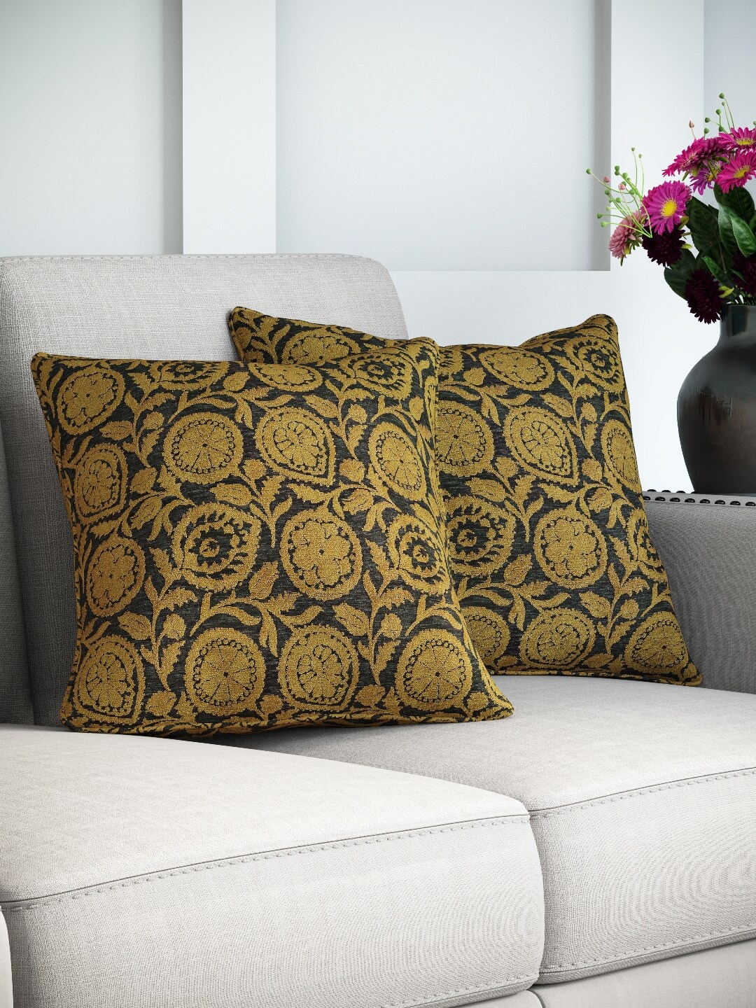

DDecor Mustard Yellow & Black Set of 2 Floral Square Cushion Covers