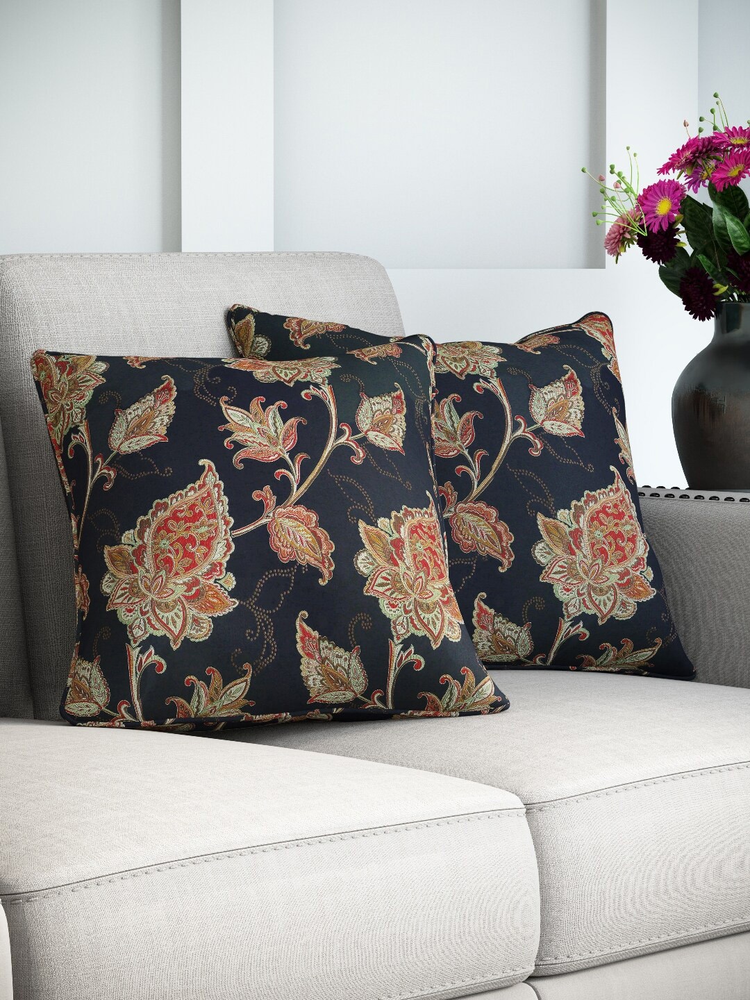 

DDecor Navy Blue & Orange Set of 2 Floral Square Cushion Covers