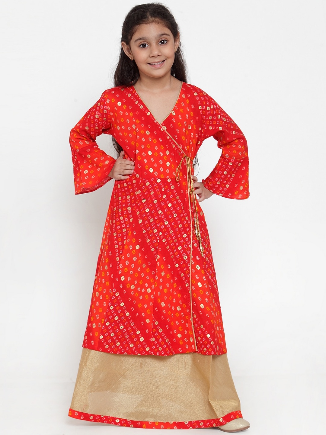 

Baani Creations Girls Red & Gold-Coloured Bandhani Printed Kurta with Skirt