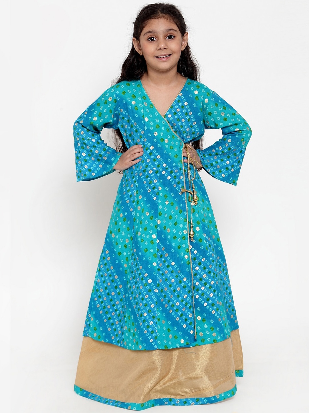 

Baani Creations Girls Blue & Gold-Coloured Bandhani Printed Kurta with Skirt