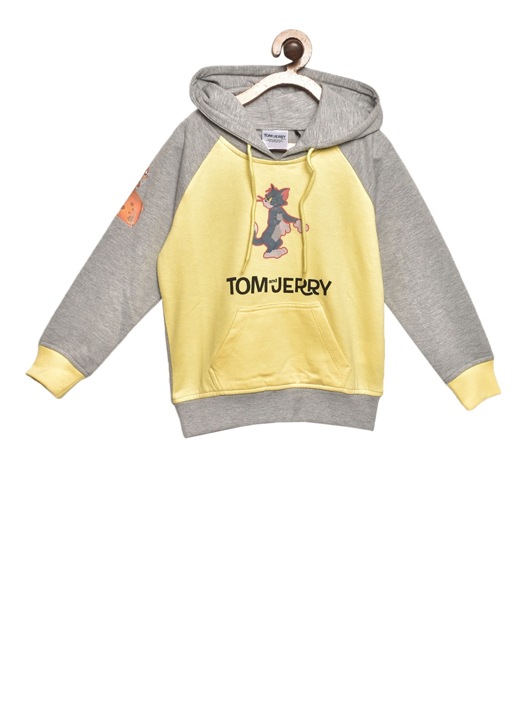 

toothless Boys Yellow & Grey Printed Tom & Jerry Hooded Sweatshirt