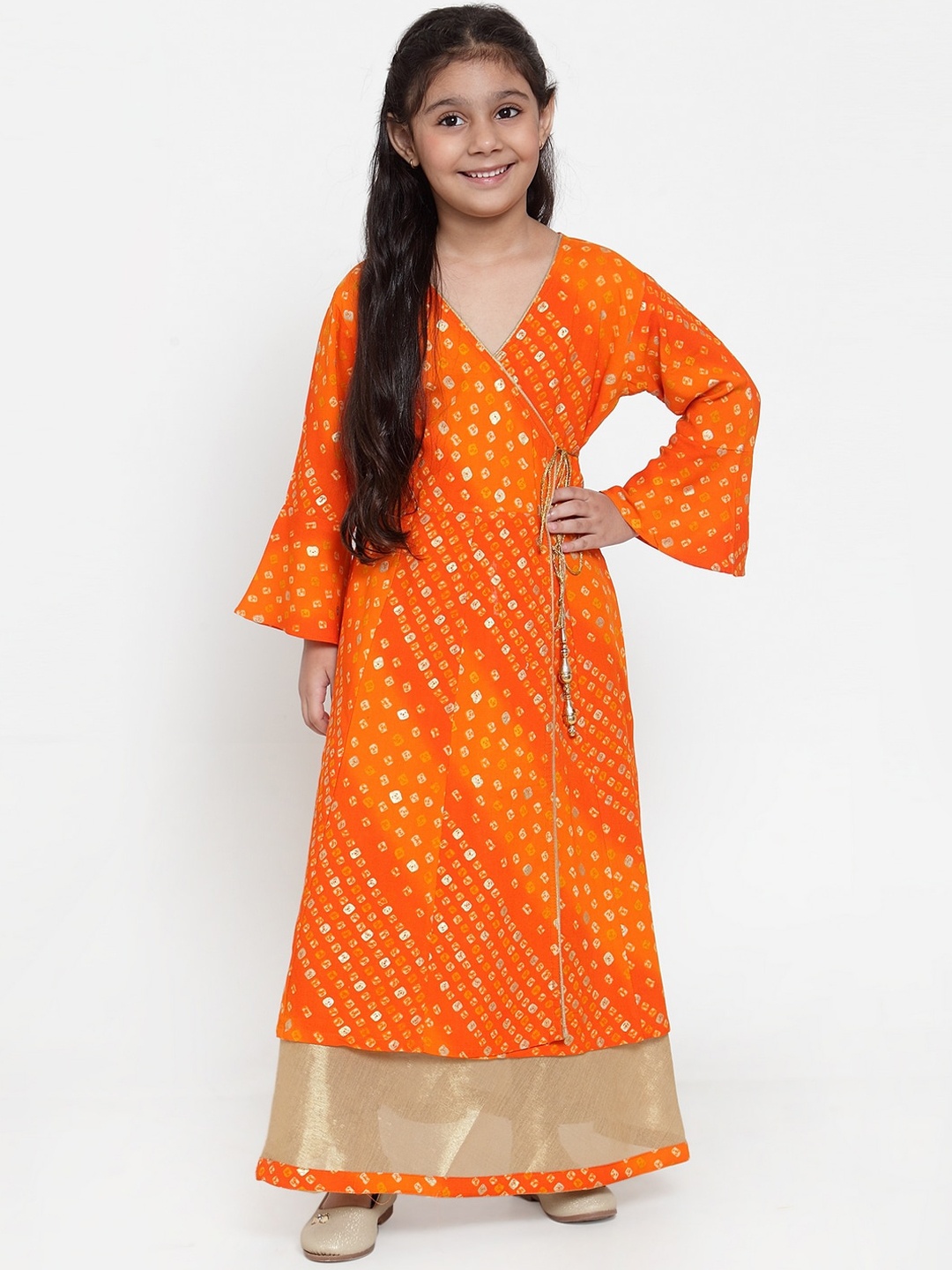 

Baani Creations Girls Orange & Gold Printed Kurta with Skirt