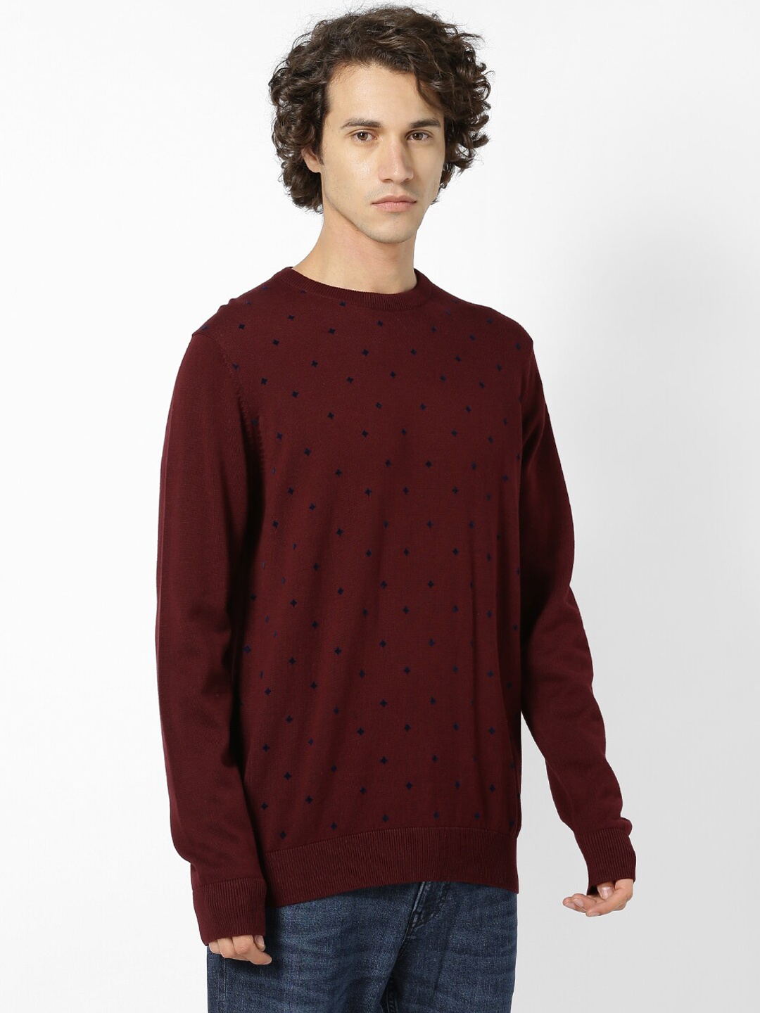 

Celio Men Maroon & Navy Blue Printed Pullover Sweater