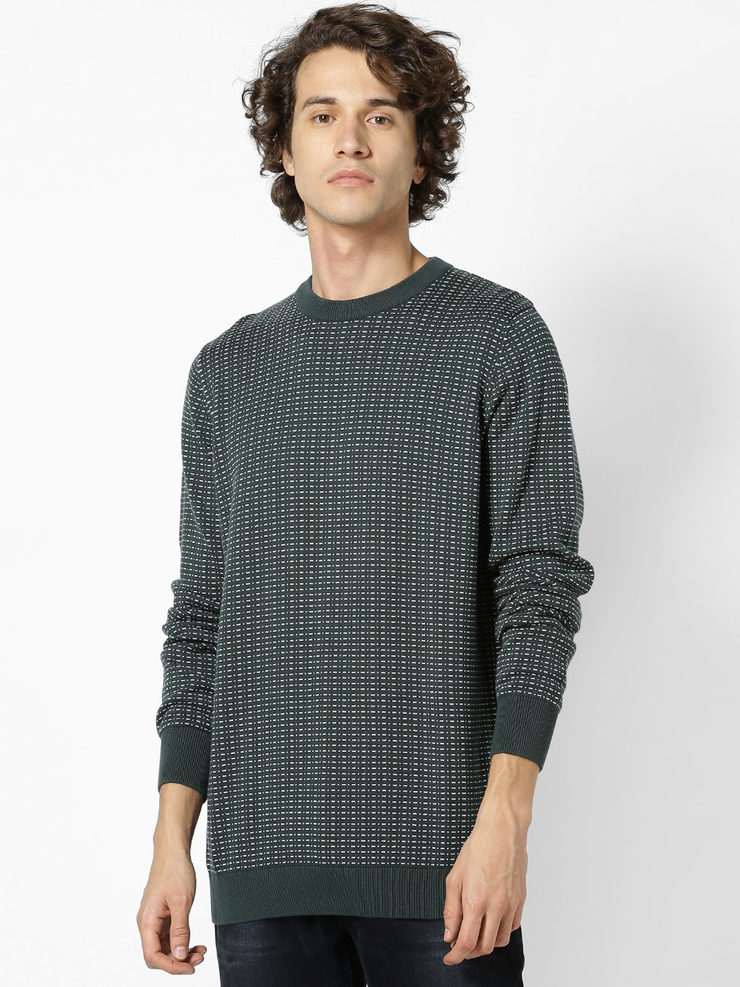 

Celio Men Green & White Self Design Pullover Sweater