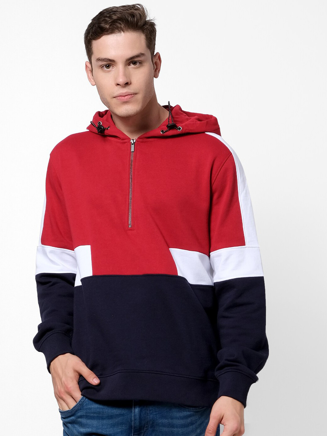 

Celio Men Navy Blue & Red Colourblocked Hooded Sweatshirt