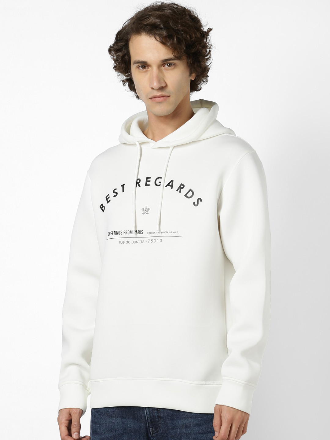 

Celio Men Off-White & Black Printed Hooded Sweatshirt