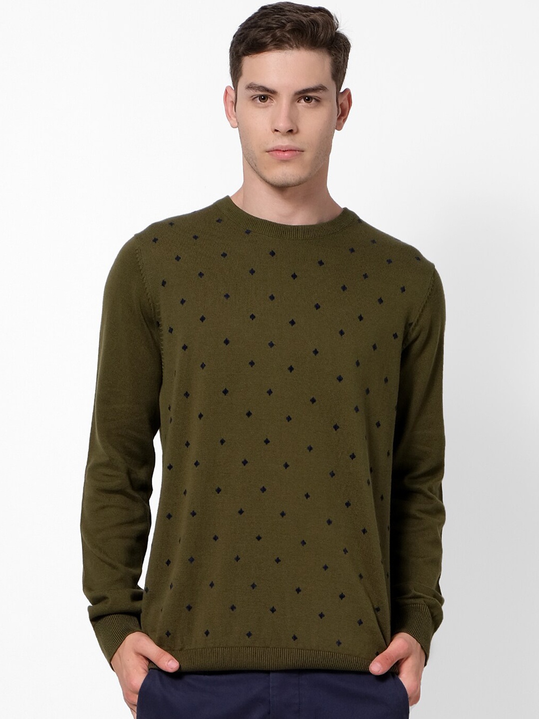 

Celio Men Olive Green Printed Pullover Sweater