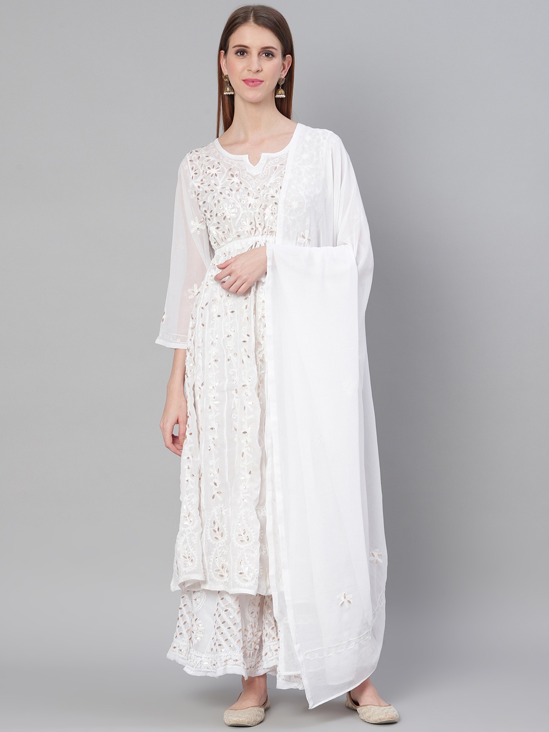 

Saadgi Women White & Golden Chikankari Embroidered Anarkali Kurta with Palazzos & Dupatta