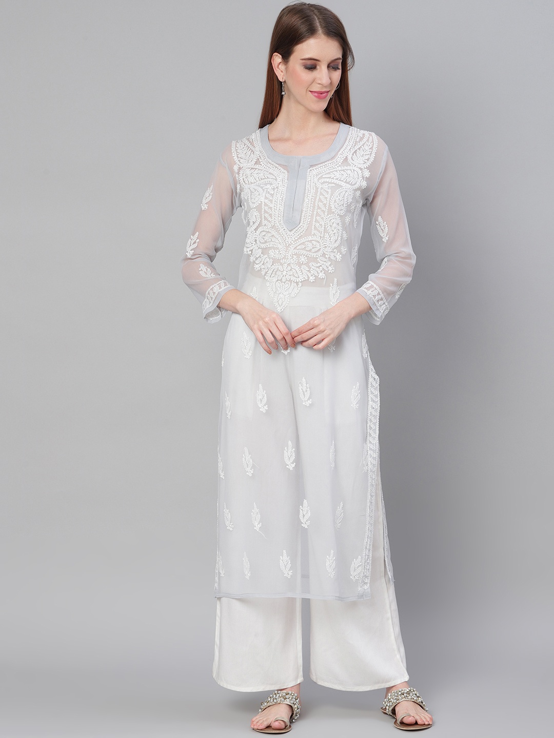 

Saadgi Women Grey & White Chikankari Embroidered Handloom Sheer Straight Kurta