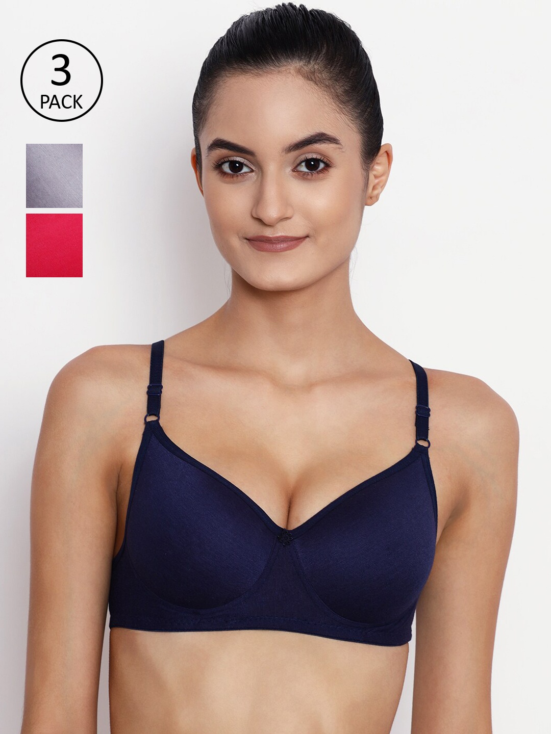 

ABELINO Grey & Navy Blue Solid Non-Wired Lightly Padded Everyday Bra