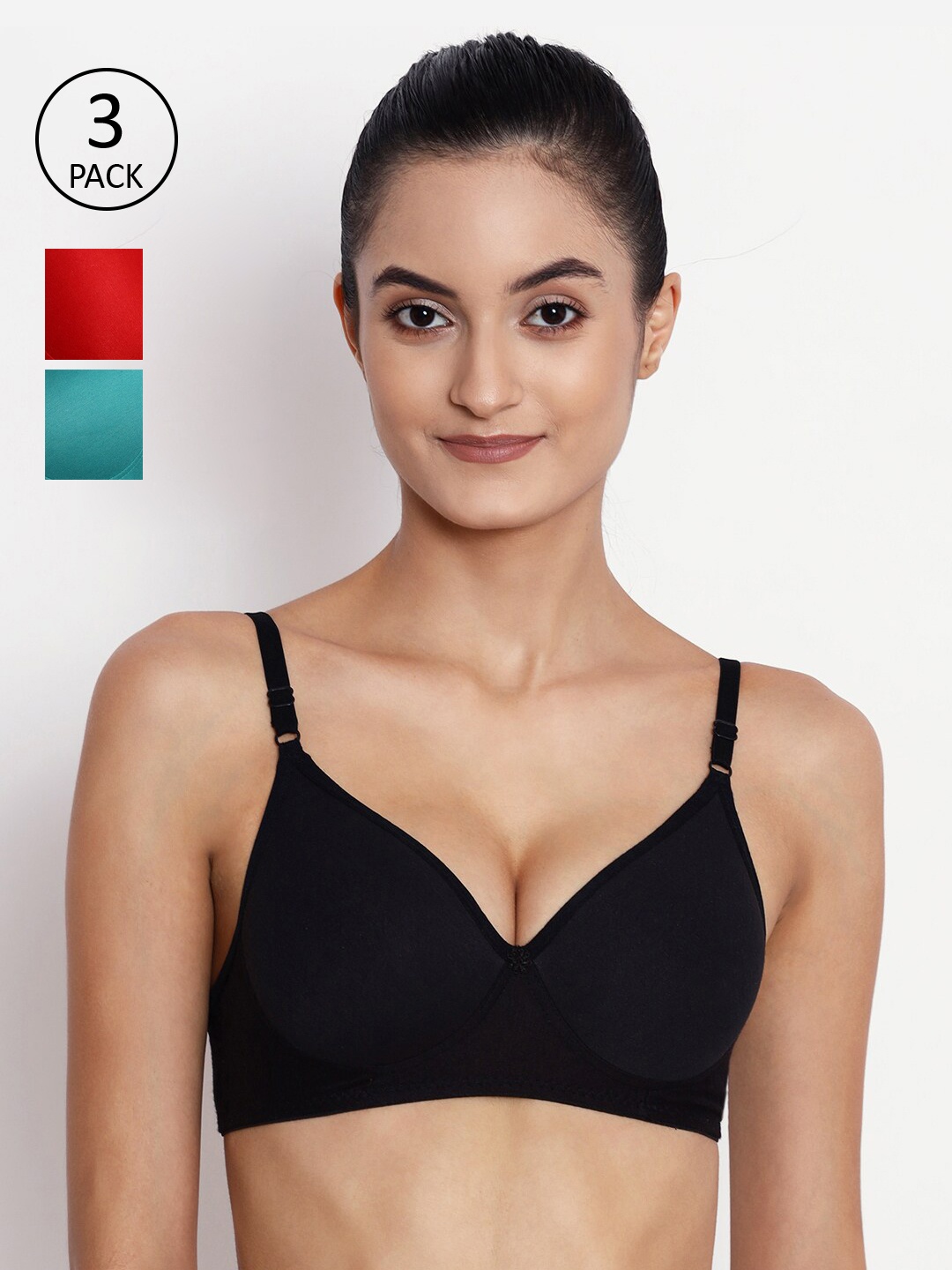 

ABELINO Pack Of 3 Solid Non-Wired Lightly Padded T-shirt Bra COMYASHIBLKREDGREEN, Black