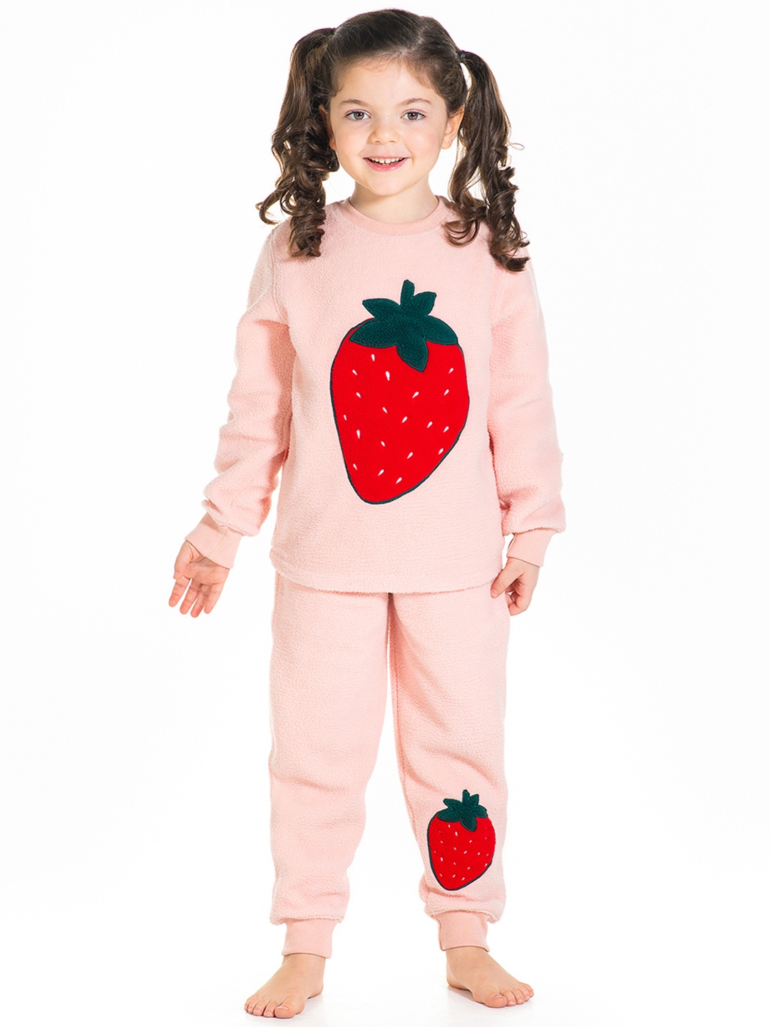 

Cherry Crumble Kids Pink & Red Strawberry Applique Fleece Finish Night Suit