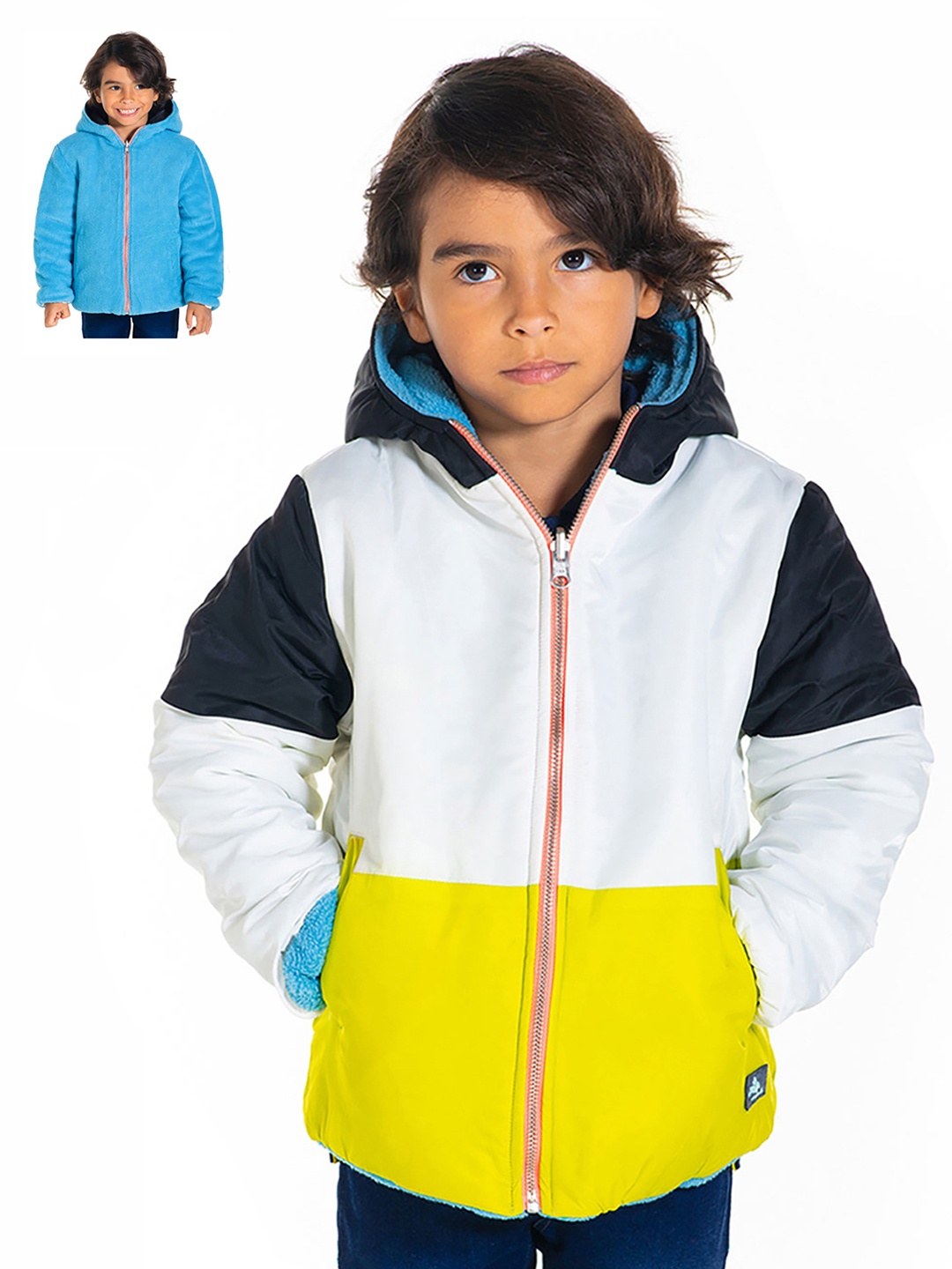 

Cherry Crumble Kids White & Blue Colourblocked Reversible Hooded Padded Jacket