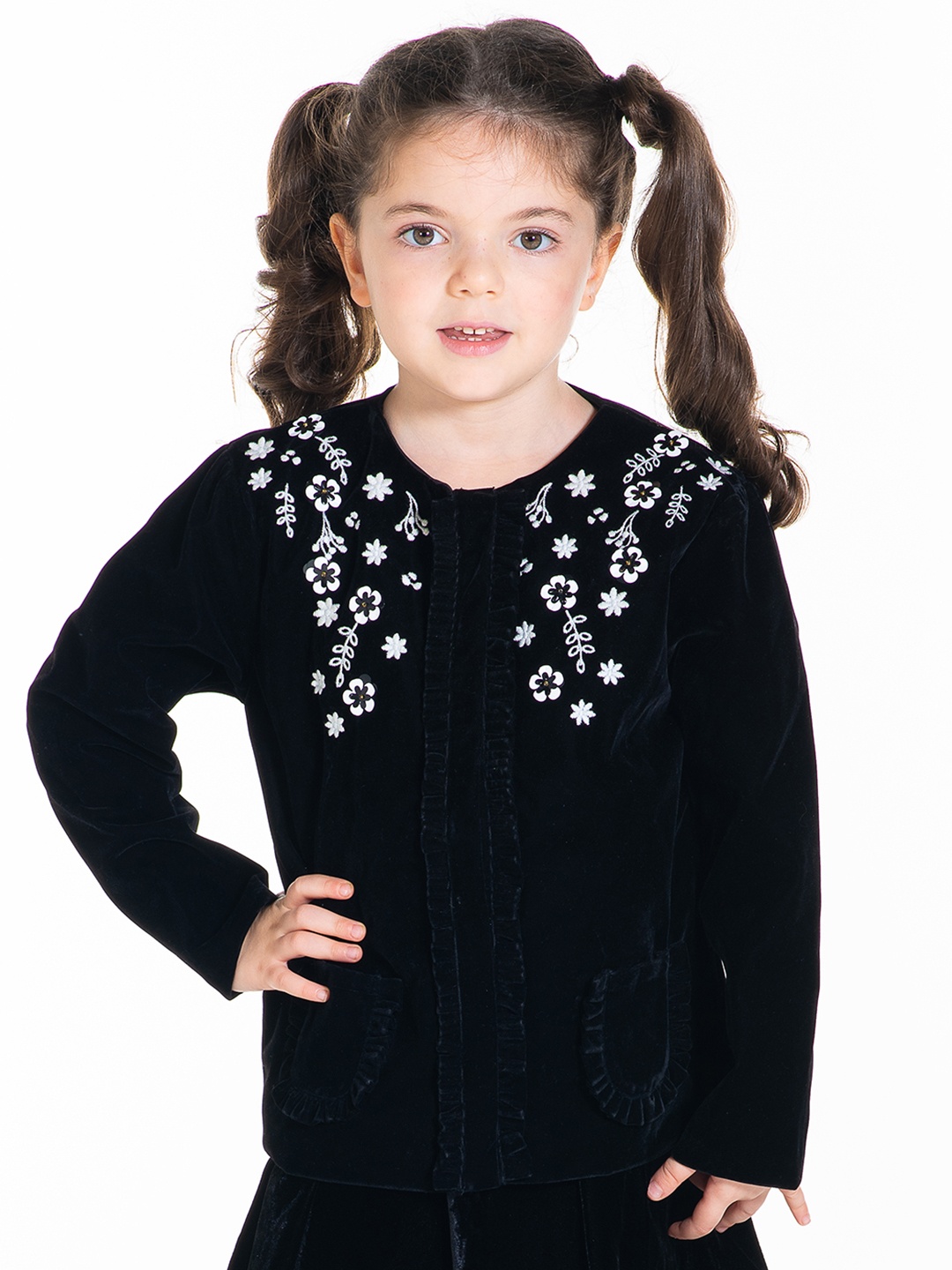 

Cherry Crumble Girls Black Floral Embroidered Coat