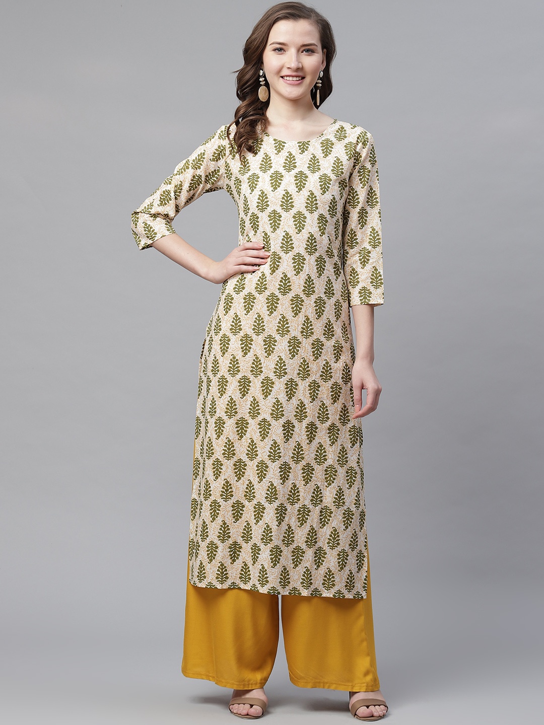 

Aprique FAB Women Cream-Coloured & Olive Green Printed Straight Kurta