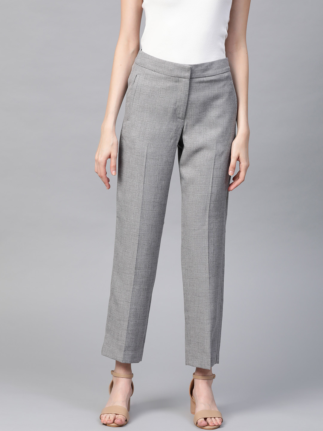 

Marks & Spencer Women Grey Straight Fit Checked Formal Trousers