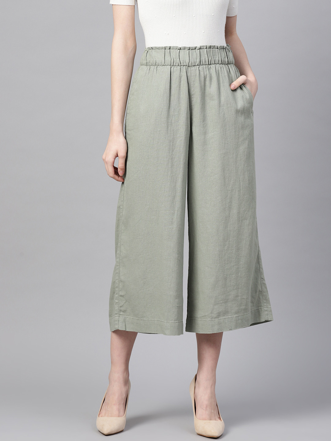 

Marks & Spencer Women Green Easy To Iron Regular Fit Solid Culottes