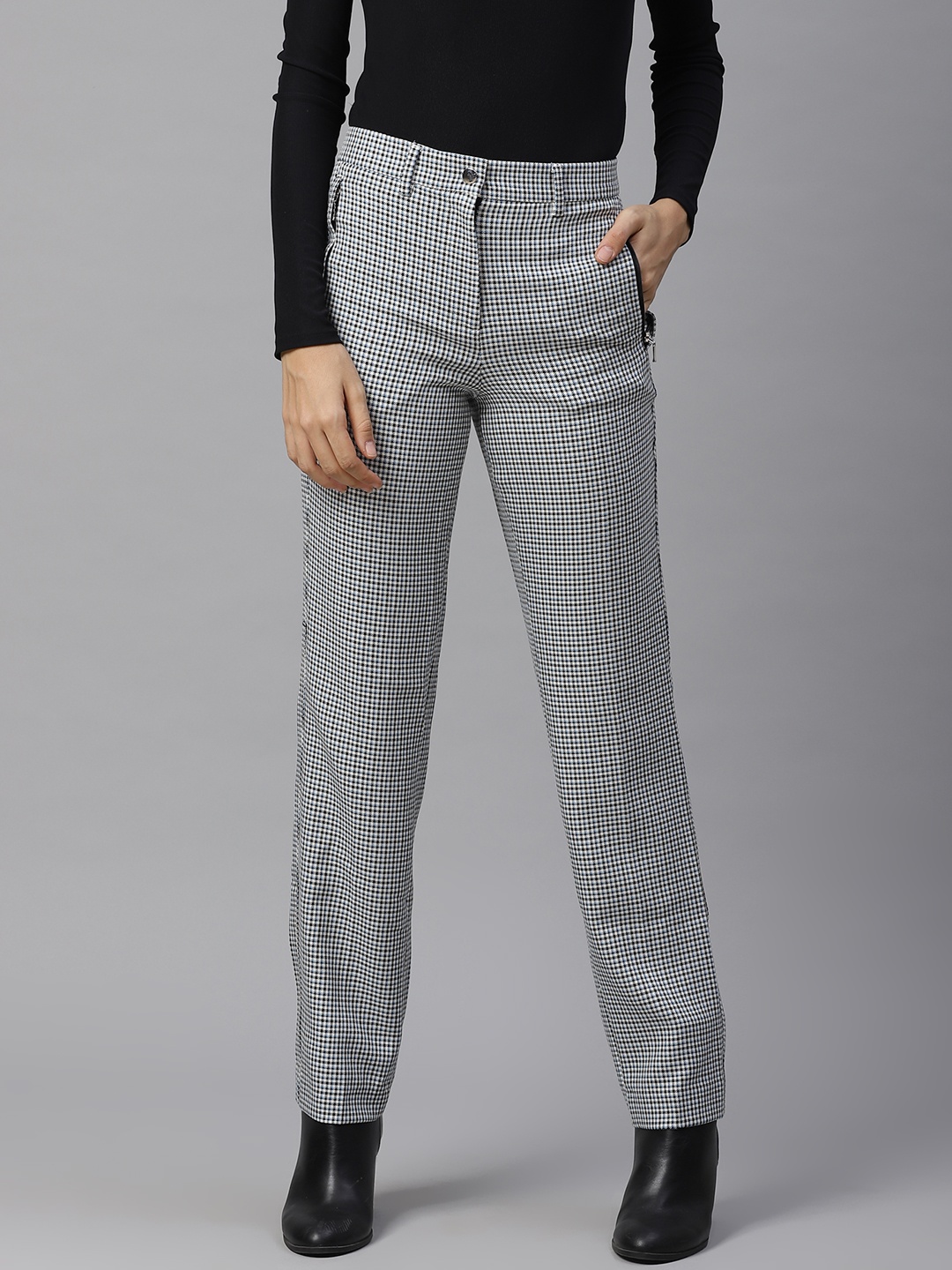 

Marks & Spencer Women White & Black Straight Fit Checked Regular Trousers