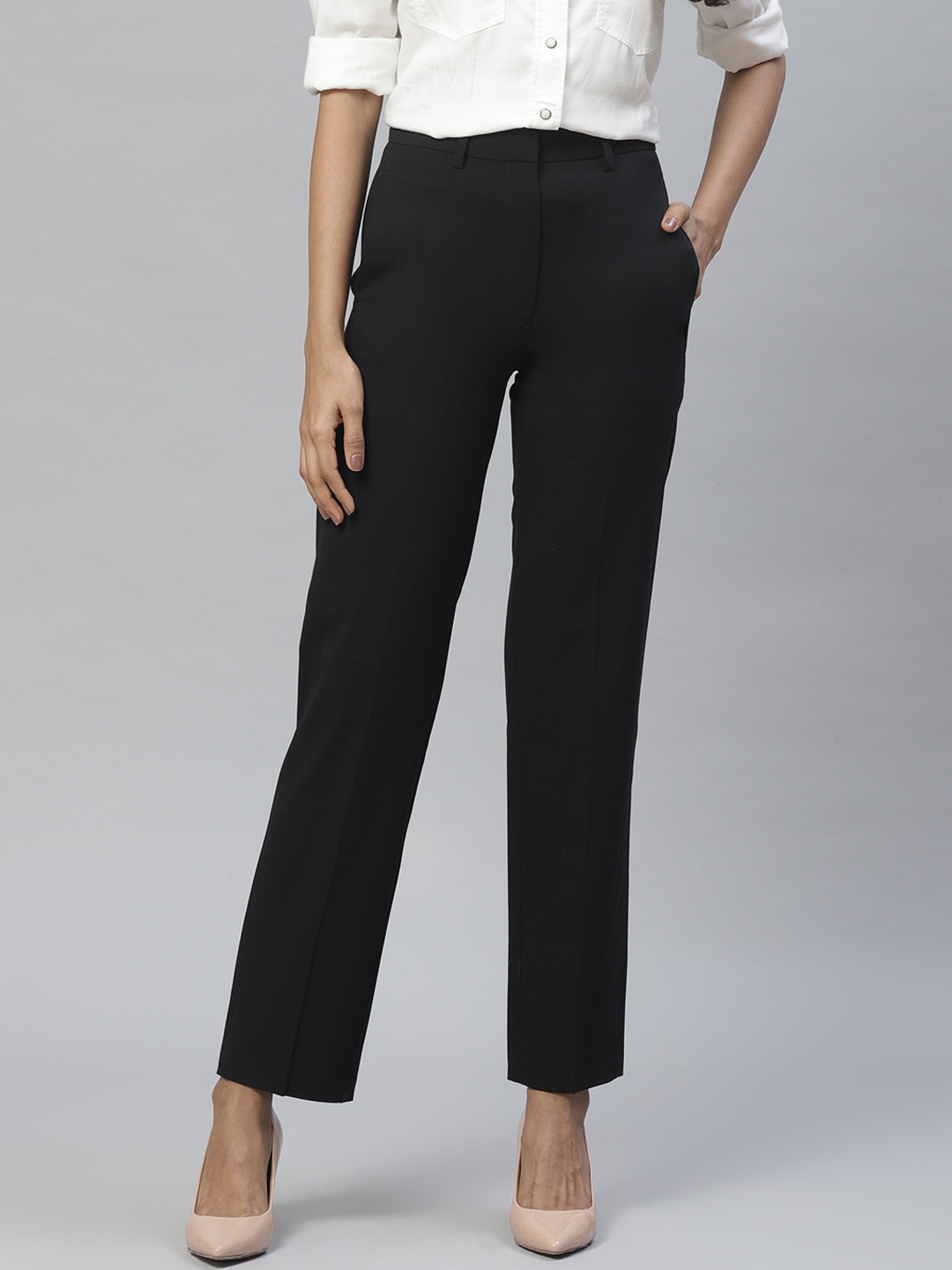

Marks & Spencer Women Black Solid Regular Fit Trousers