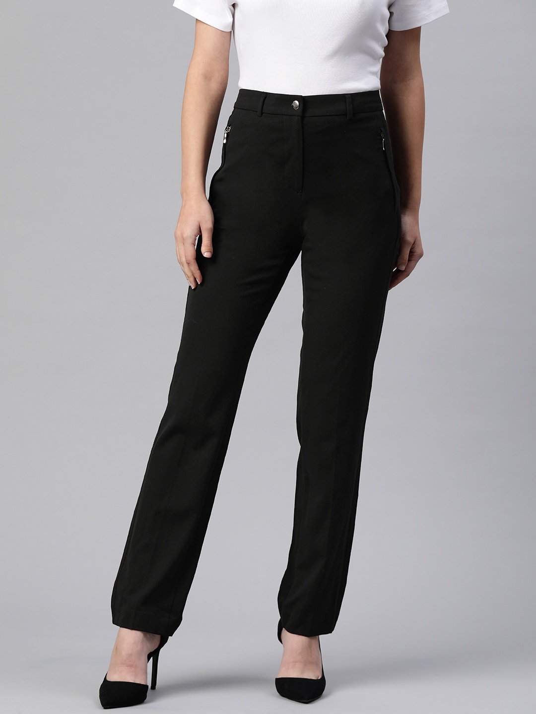 

Marks & Spencer Women Solid Straight Fit Trousers, Black