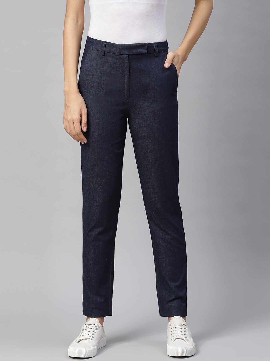 

Marks & Spencer Women Navy Blue Slim Fit Solid Chambray Regular Trousers