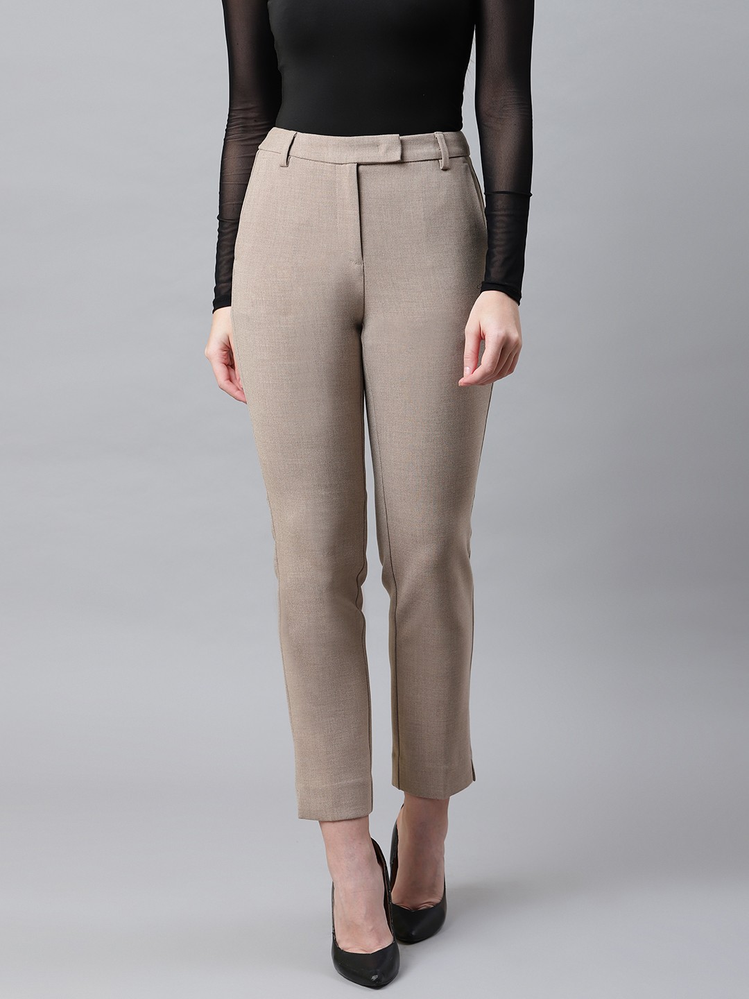 

Marks & Spencer Women Taupe Slim Fit Solid Cropped Formal Trousers