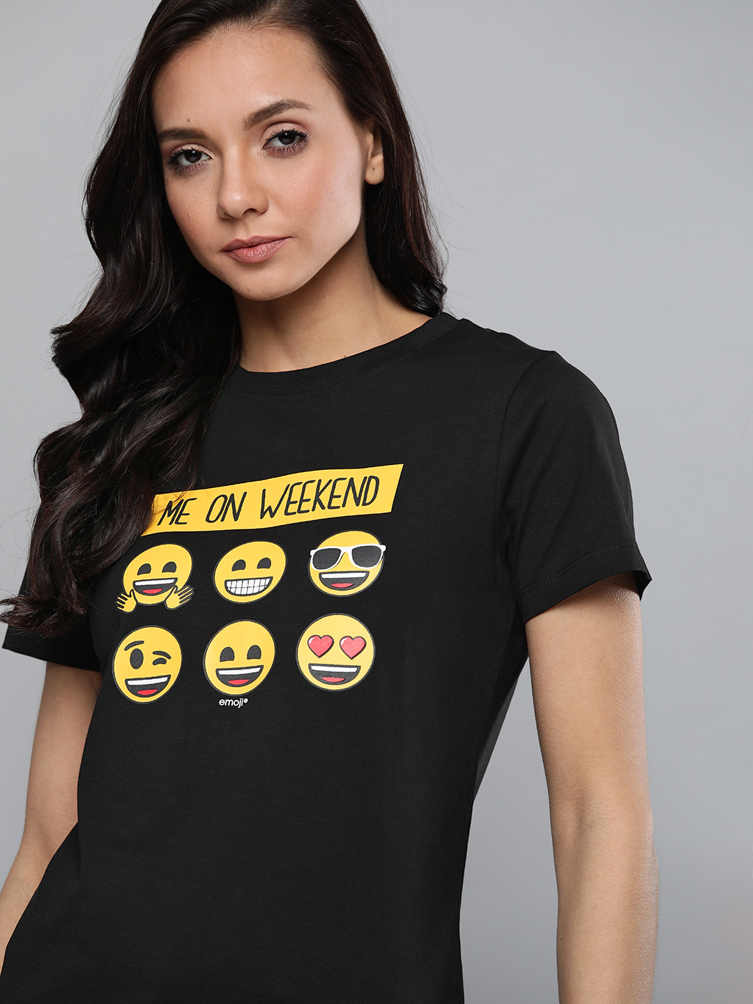 

Kook N Keech Women Black Emoji Printed Cotton Round Neck Pure Cotton T-shirt