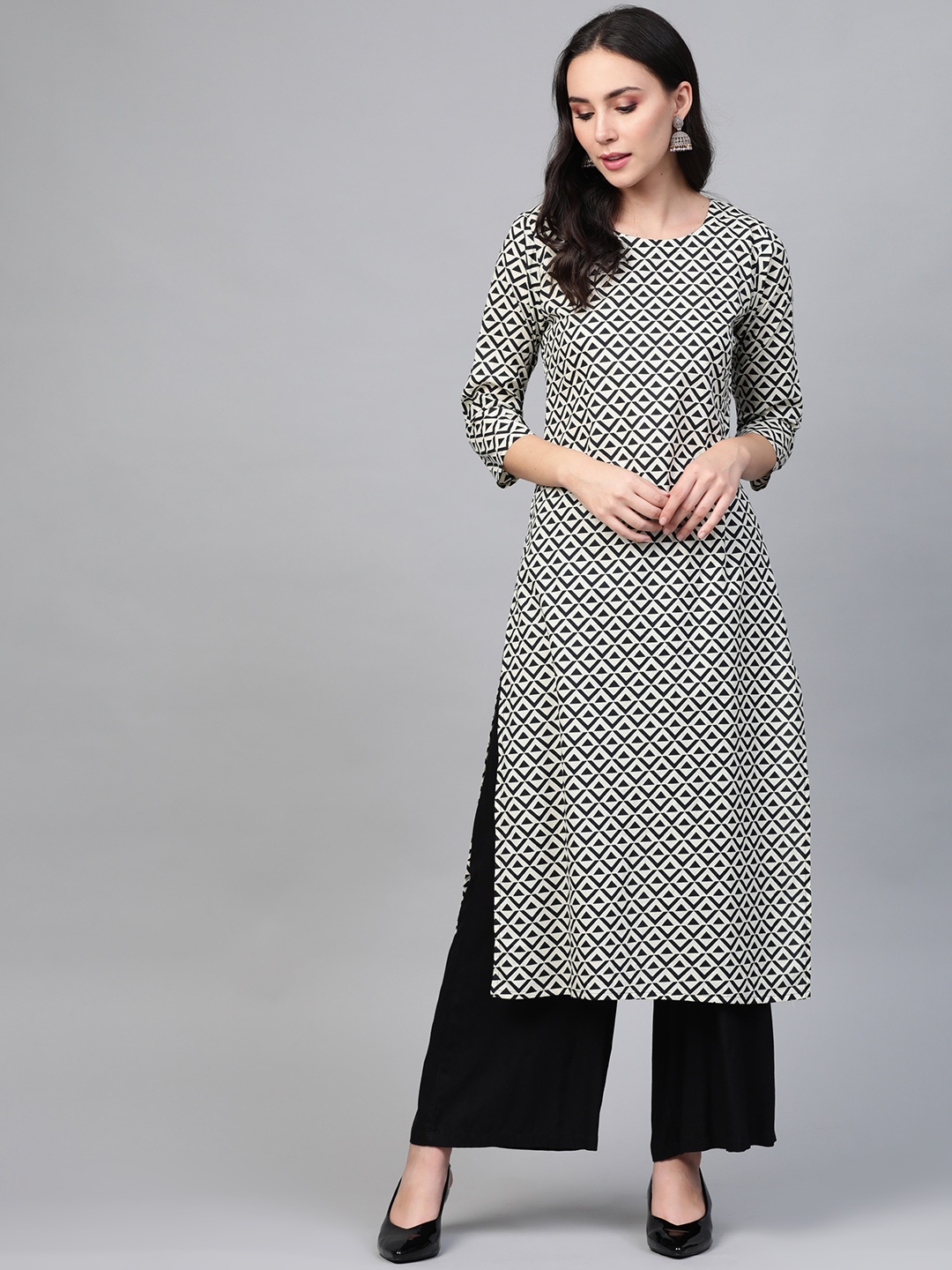 

See Designs Women Off-White & Black Printed Straight Kurta