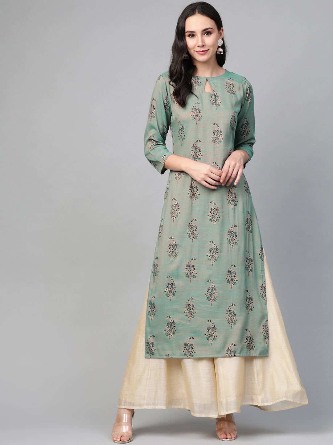 

See Designs Women Sea Green & Golden Dual-Toned Paisley Print Straight Kurta