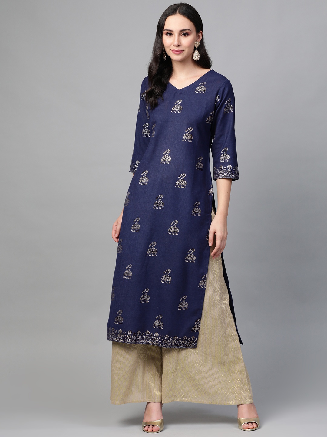 

See Designs Women Navy Blue & Golden Block Print Straight Kurta