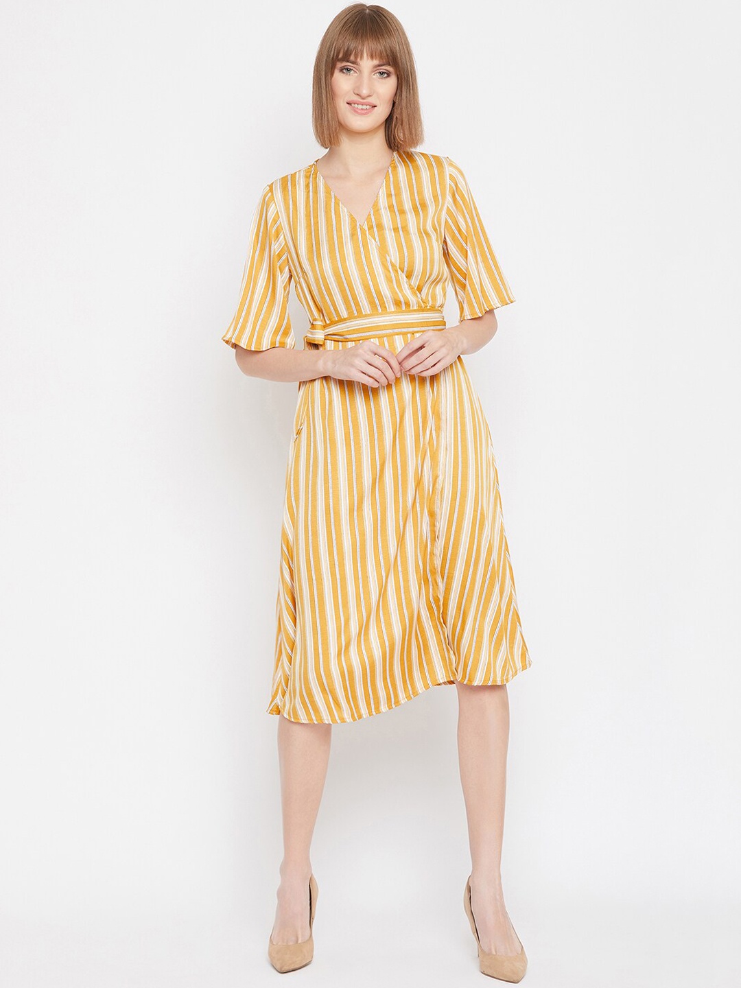 

PURYS Women Yellow Striped Wrap Dress